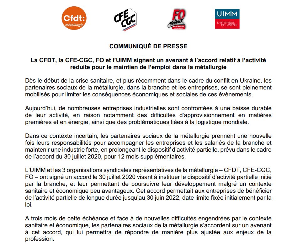 La <a href="/CFDT/">CFDT</a>, <a href="/Metalcfecgc/">Métallurgie CFE-CGC</a>, <a href="/fedefometaux/">Fédération FO Métaux</a> et l’@UIMM, signent un avenant à l’accord relatif à l’activité réduite pour le maintien de l’emploi dans la métallurgie. 
👉uimm.lafabriquedelavenir.fr/wp-content/upl…
#IndustrielsEngagés
