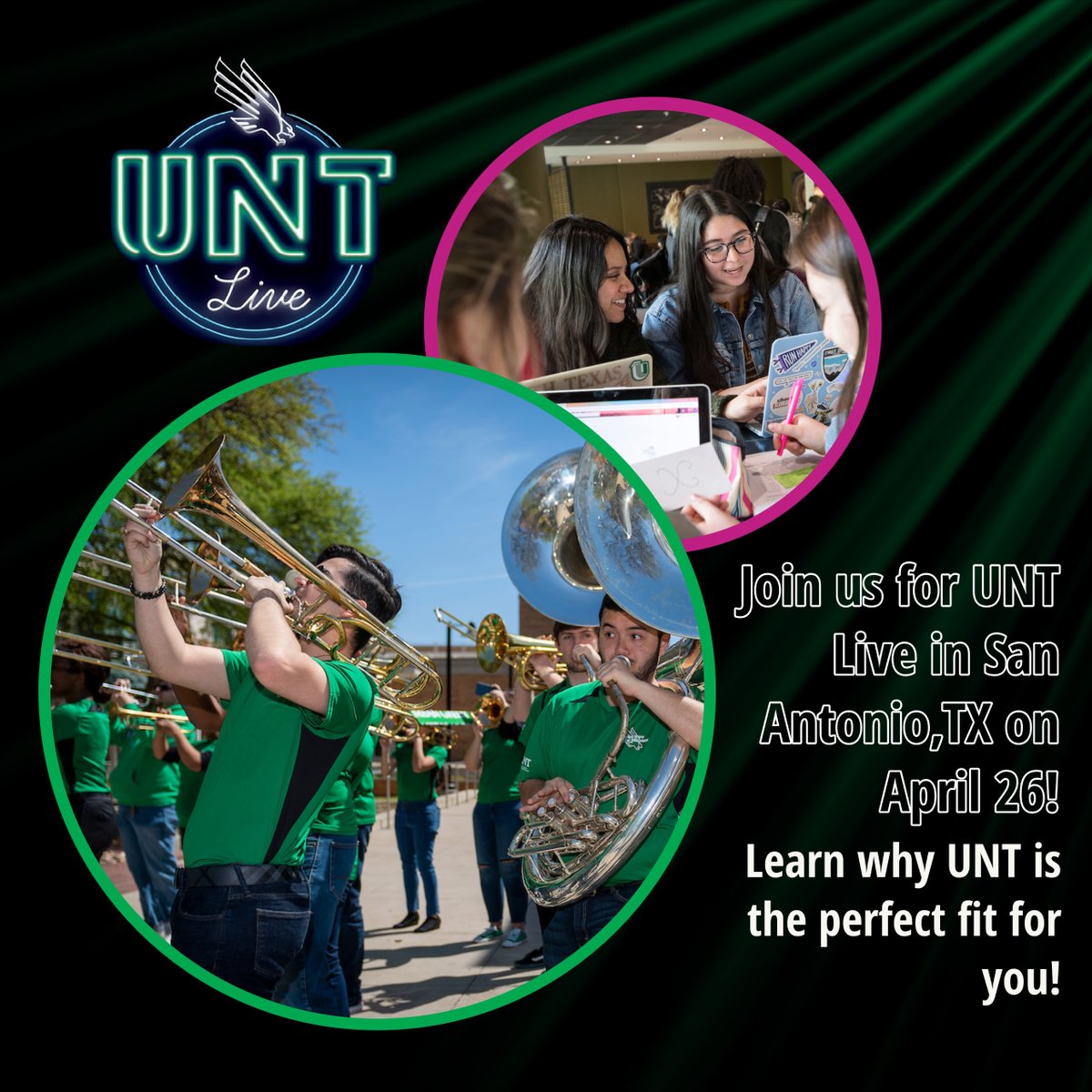 San Antonio students - UNT Live is coming to your city on April 26th! Link in bio to learn more and register! #MeanGreen #UNT #FutureEagles