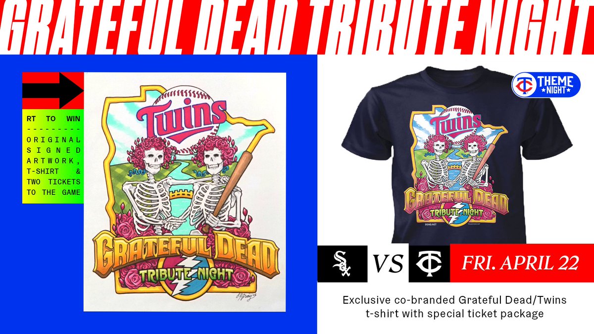 Attention Dead Heads‼️

RT to win this one of a kind Grateful Dead package including original signed artwork, a t-shirt and two tickets to our <a href="/GratefulDead/">Grateful Dead</a> Night this Friday, April 22!

More info ➡️ twinsbaseball.com/GratefulDead