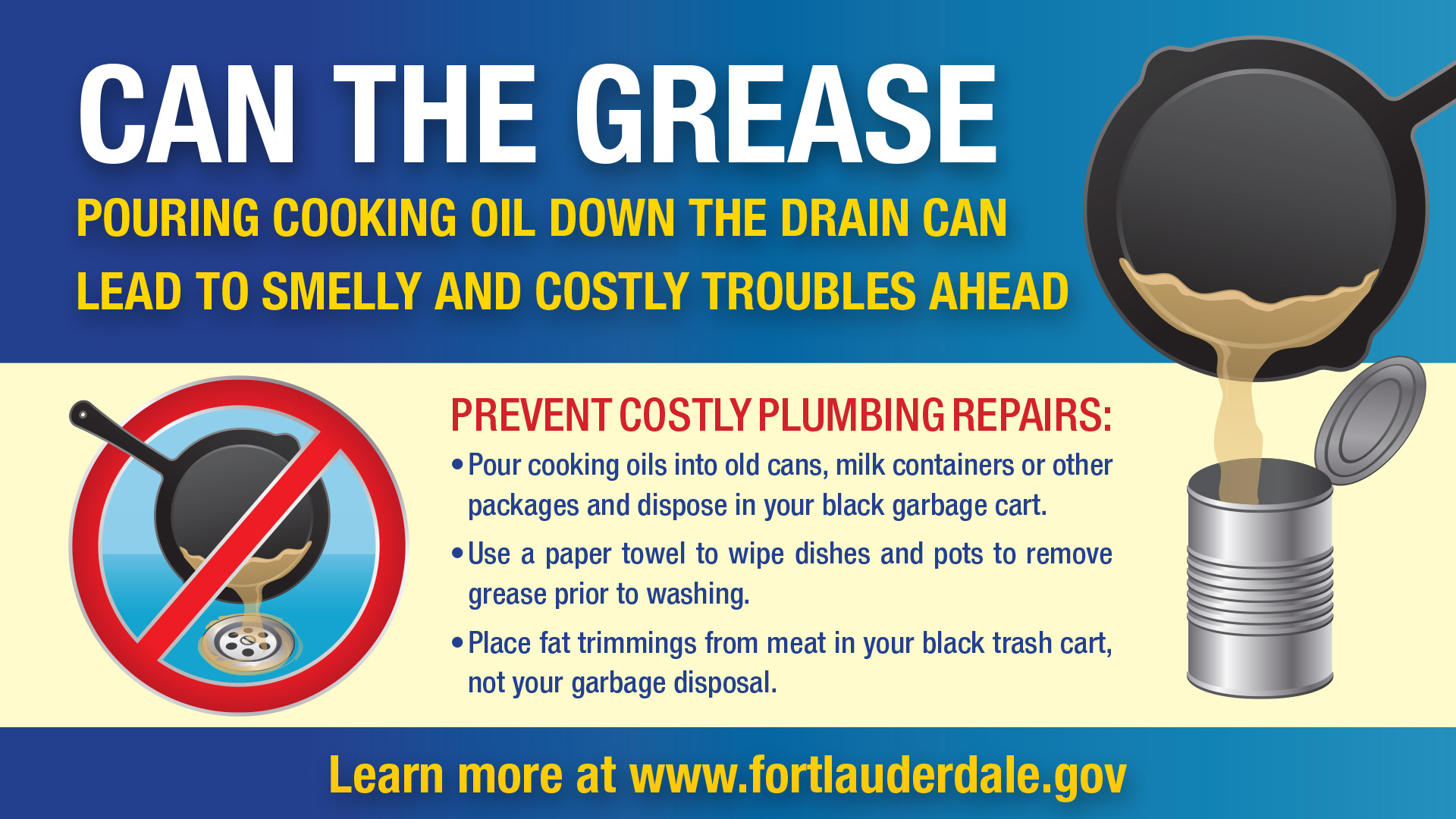 City of Fort Lauderdale on X: Can the grease! 🚫 Do not pour fats, oils,  or grease down the drain. TIP:🥫 Pour cooking oils into old cans, milk  containers, or other packages