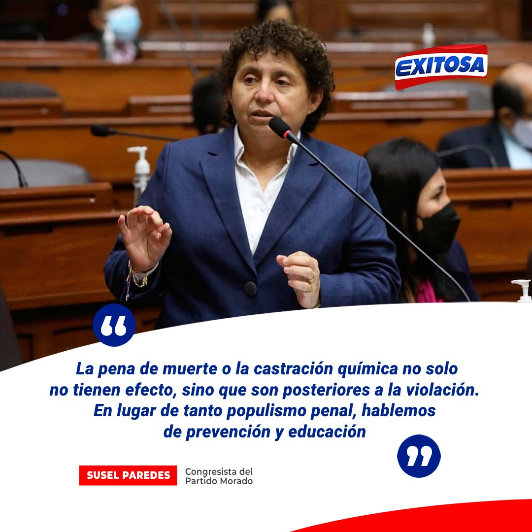 exitosape's tweet image. 🔴🔵  La congresista Susel Paredes (Partido Morado) se mostró en contra del proyecto de ley que establece la castración química para violadores de menores de edad, adolescentes y mujeres. En su lugar, consideró que el Gobierno debe apostar por medidas de prevención y educación.