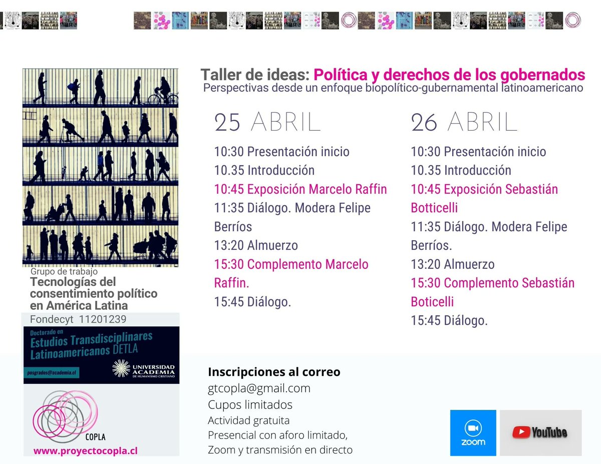 DetlaUAHC's tweet photo. [24 y 25 de Abril] Taller de ideas: "Políticas y derechos de los gobernados" 
Con @marceloraffin y Sebastian Botticelli
Organizado por https://t.co/rU9hQmkccq y #DETLA
Inscrpciones a gtcopla@gmail.com
Actividad Hibrida https://t.co/CaLOx8CFdg