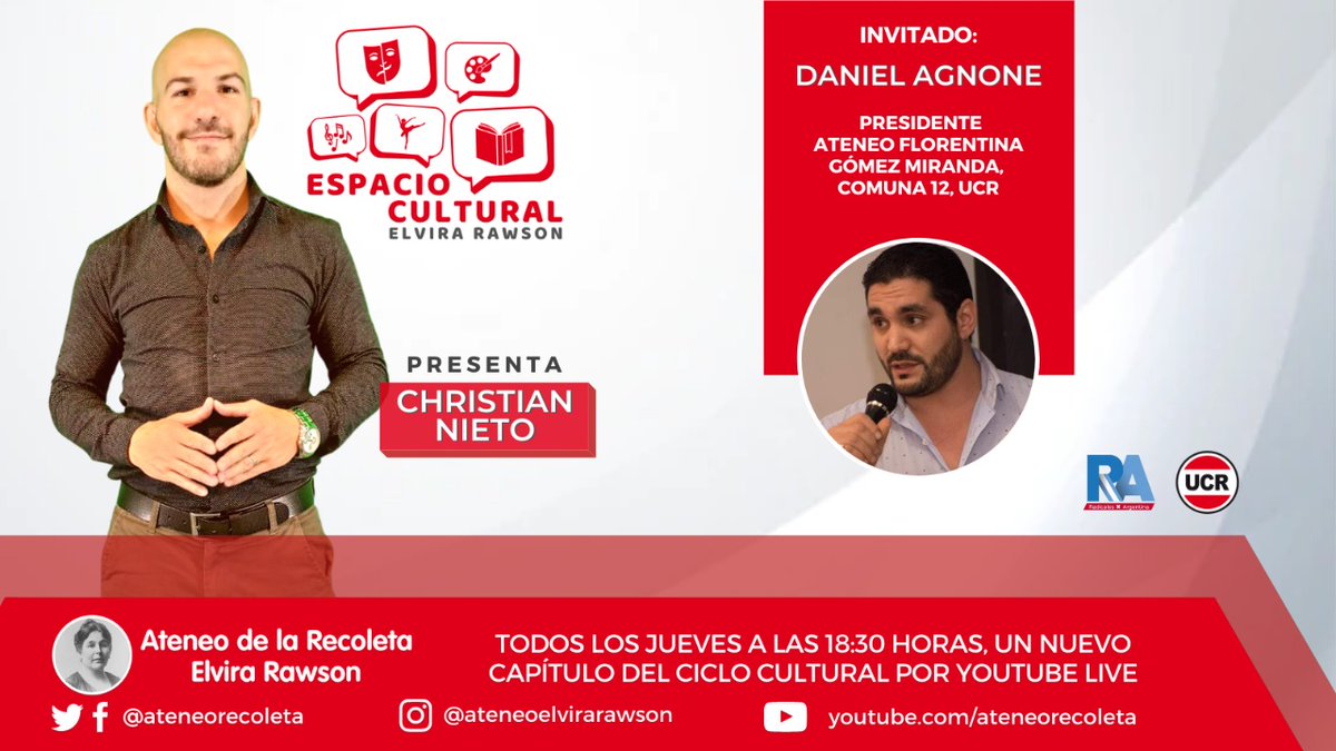 #ElviraRaswson 
#CicloCultural 
<a href="/UCRCapital/">UCR CABA</a> <a href="/radicalesxarg/">Radicales x Argentina</a> <a href="/marielacoletta/">Mariela Coletta</a> <a href="/ocampomartinBA/">Martín Ocampo</a> <a href="/ateneorecoleta/">Ateneo de la Recoleta Elvira Rawson</a> <a href="/hernan_najenson/">Hernan Najenson</a> <a href="/_nietochristian/">Christian Nieto</a> 
Desde la <a href="/12_comuna/">UCR COMUNA 12 ATENEO FLORENTINA GOMEZ MIRANDA RXA</a> conversaremos con su Pdte <a href="/agnonedany/">Daniel Agnone Conte</a> sobre las actividades culurales que desarrollan allí📖🎨
youtube.com/AteneoRecoleta