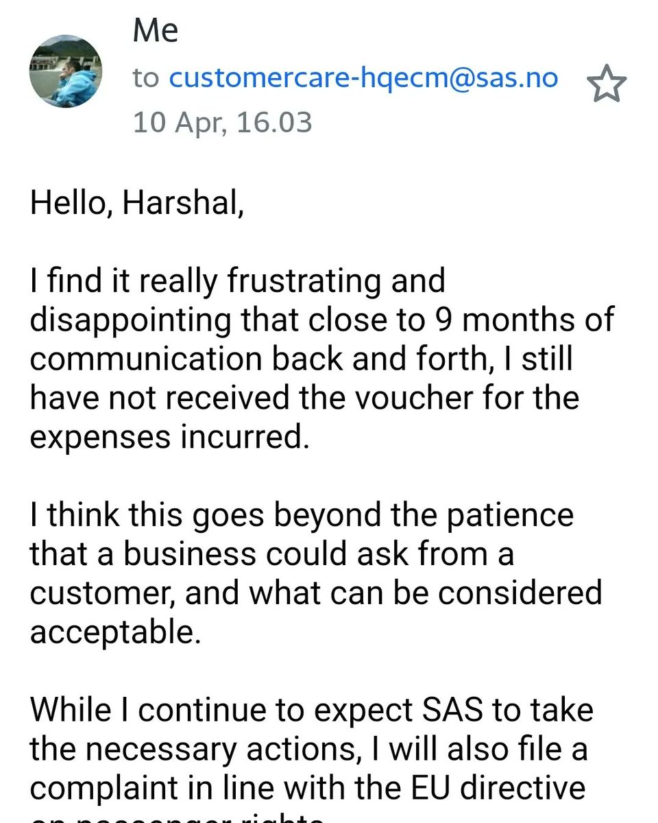 EarthCitisen's tweet photo. Flagging @SAS for action, as my frequent conversations with costumer care rep since 26Jul2021 are repeatedly failing. He allegedly sent a voucher by email, however this never arrived, and my follow up has no response.
Any advice @EU_Consumer? #AirPassengerRights #consumerrights https://t.co/V3E9uBxKwp