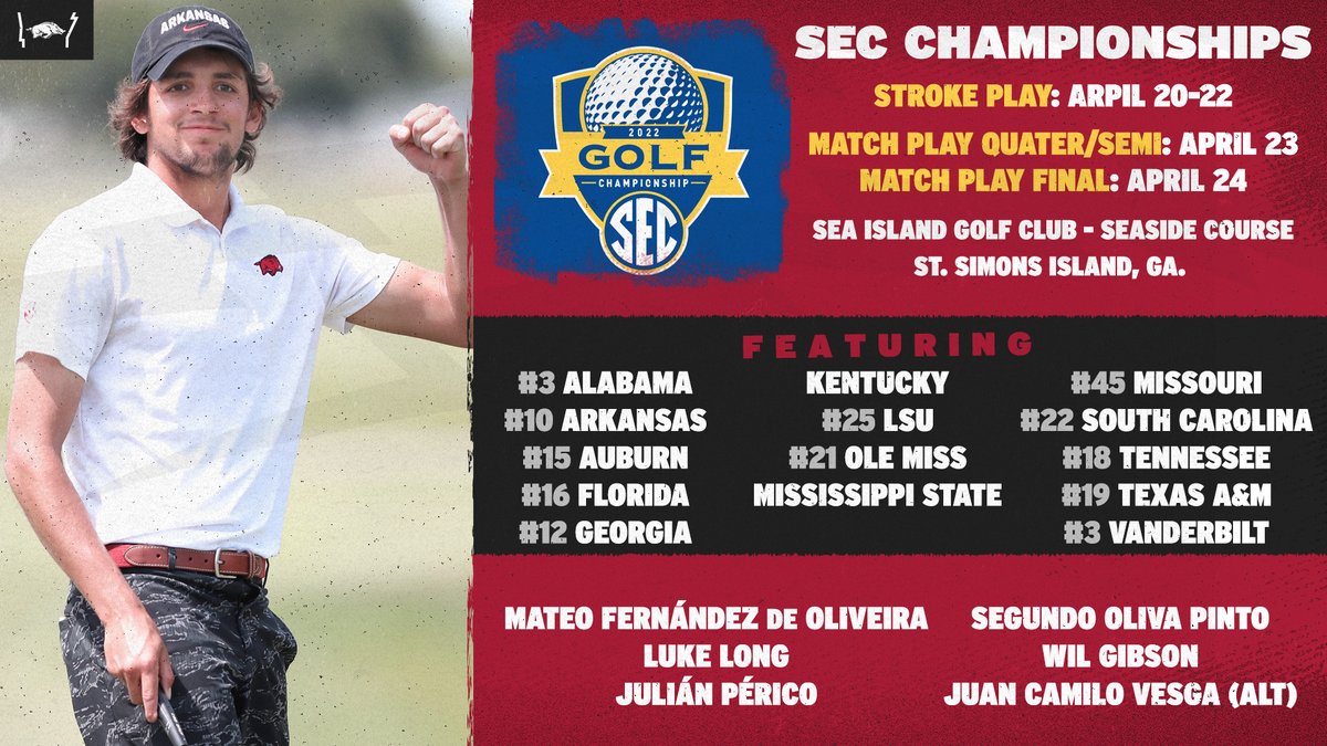 RazorbackMGolf's tweet photo. #10 Razorbacks ready for another SEC Championship
ποΈ April 20-24
π St. Simons, Ga. - Sea Island Seaside Course
Scoring: https://t.co/ITBzWtsb2x
More Info: https://t.co/5hla23DNsS
πβ³οΈ#WPS #ExcelAsOneRazorback https://t.co/qUPuUwh8EA