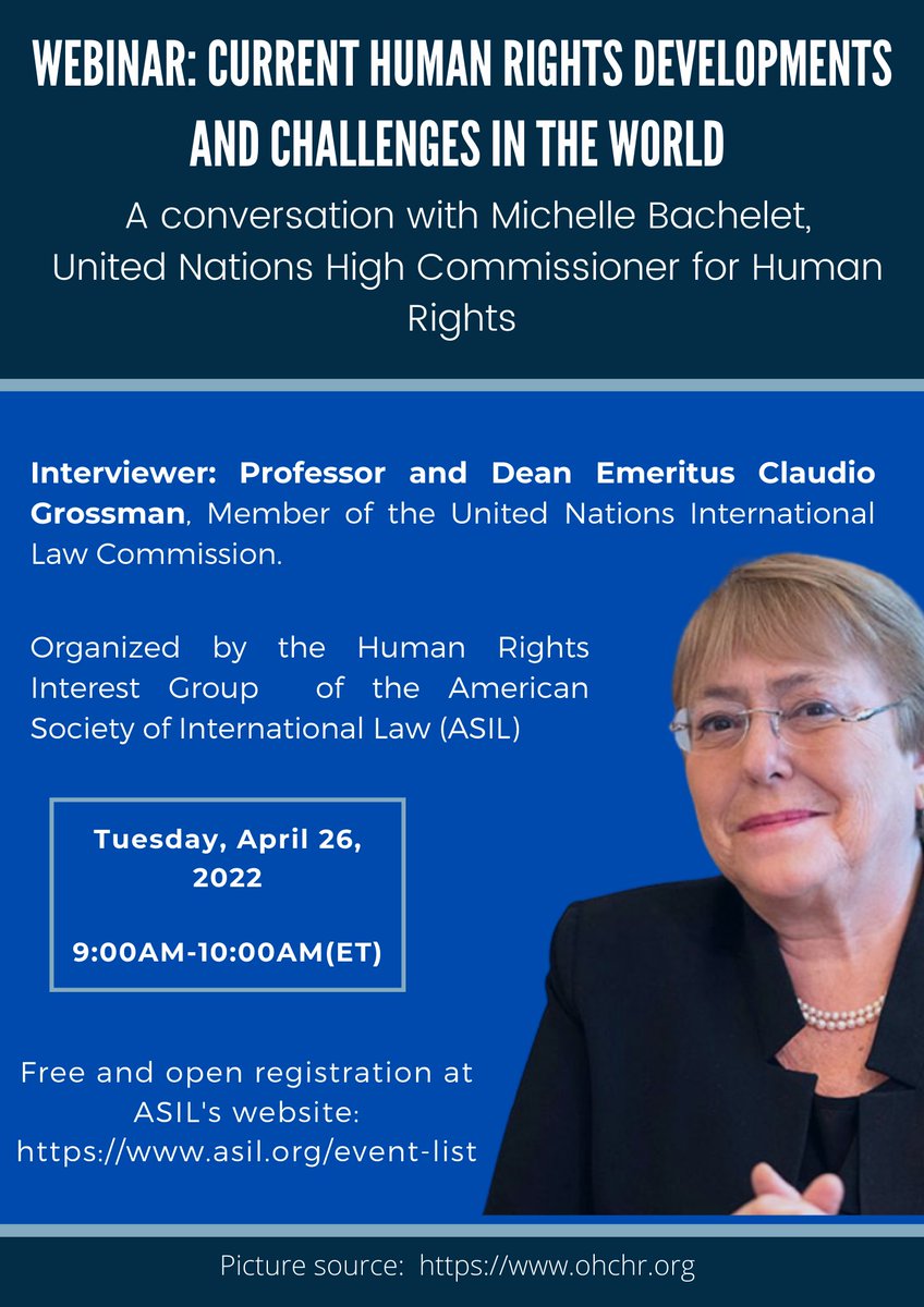 asilorg's tweet photo. Join us on April 26 for a conversation with Michelle Bachelet, #UN High Commissioner for Human Rights!

https://t.co/YnpHljhe0K
#intlaw
#internationallaw
#humanrights https://t.co/AbyVmaMF9F