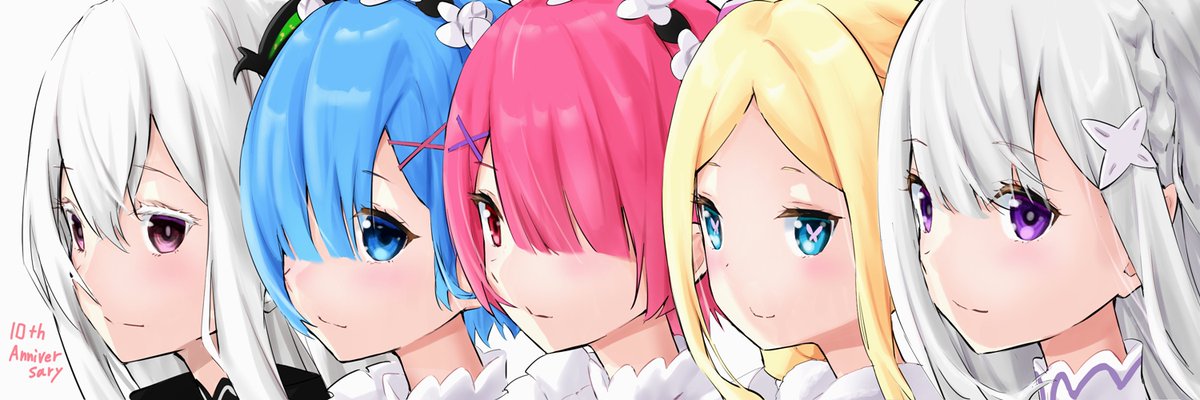 emilia (re:zero) ,ram (re:zero) ,rem (re:zero) multiple girls blue hair blonde hair purple eyes pink hair blue eyes hair ornament  illustration images