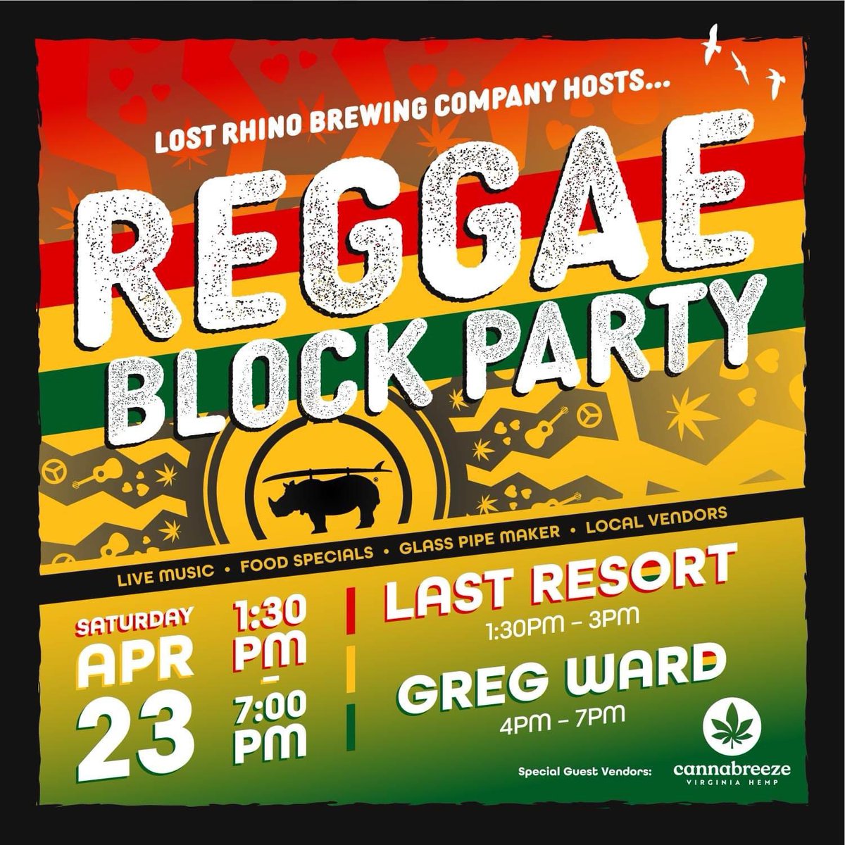 getlostcatering's tweet photo. Saturday is @LostRhino’s Reggae Block Party! Join us for live music by @LastResortDub and @gregwardmusic, delicious craft brew and food specials, and local vendors including our friends from @Cannabreezehemp. The fun starts at 1:30 pm at the Tap Room! #lostrhinobrewery https://t.co/6mzhIMEgSZ