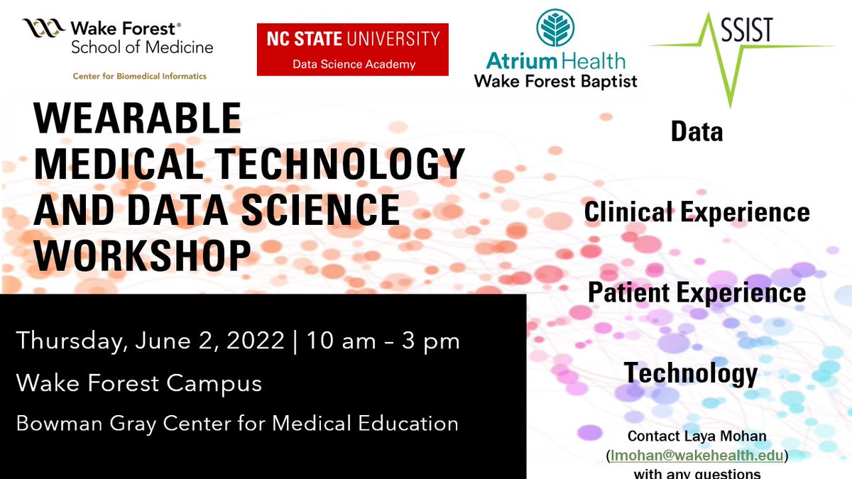 WF Center for Biomedical Informatics (WFBMI) (@wfbmi) on Twitter photo Do you have an interest in wearable technology? Then this is the workshop for you! Register today for our Wearable Medical Technology and Data Science Workshop on 6/2/22 at BGCME. A collaboration with <a href="/NCState/">NC State University</a> <a href="/ASSISTCenter/">ASSIST</a> <a href="/AtriumHealthWFB/">Atrium Health Wake Forest Baptist</a>.
redcap.link/x98lbd9d
<a href="/WFCTSI/">Wake Forest CTSI</a> Do you have an interest in wearable technology? Then this is the workshop for you! Register today for our Wearable Medical Technology and Data Science Workshop on 6/2/22 at BGCME. A collaboration with <a href="/NCState/">NC State University</a> <a href="/ASSISTCenter/">ASSIST</a> <a href="/AtriumHealthWFB/">Atrium Health Wake Forest Baptist</a>.
redcap.link/x98lbd9d
<a href="/WFCTSI/">Wake Forest CTSI</a>