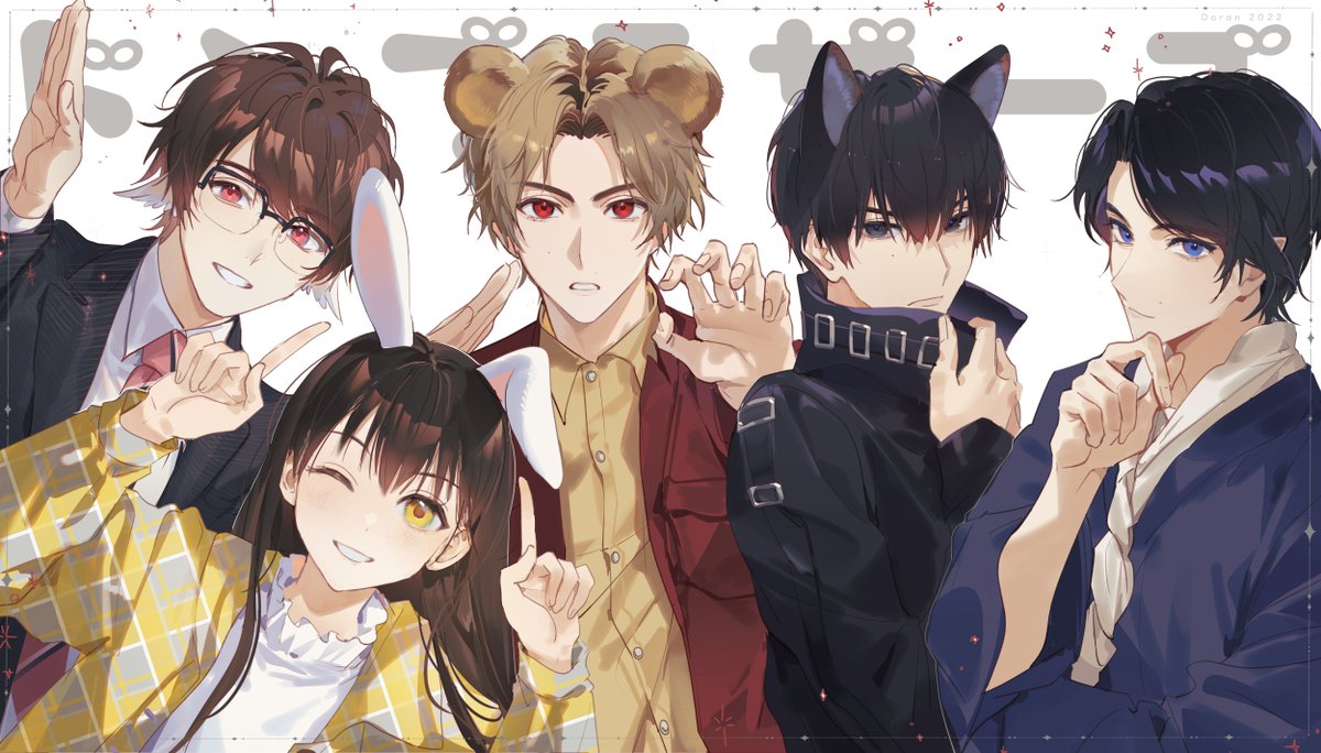 multiple boys animal ears 1girl rabbit ears brown hair black hair red eyes  illustration images