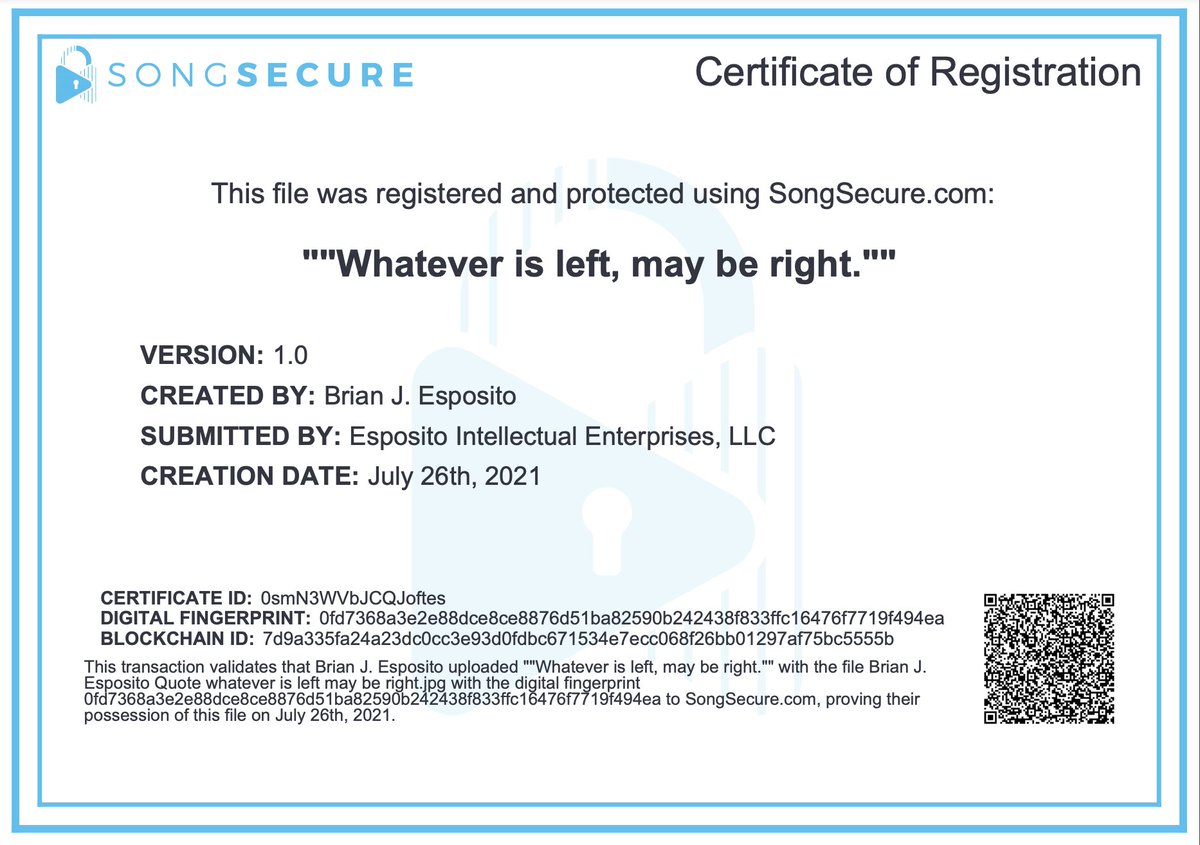 "Whatever is left, may be right." - Brian J. Esposito.  Can we just talk about how great this quote is... ;) ? Protected by <a href="/SongSecure/">SongSecure</a>'s #QuoteSecure #IP services.  <a href="/MattRusin/">MattRusin</a> <a href="/SchulzDEV/">Stefan Schulz</a> <a href="/bapesclan/">BAPESCLAN</a> <a href="/TurnCoinLtd/">TurnCoin</a> <a href="/VirtualStaX/">VirtualStaX (StaX.app)</a>