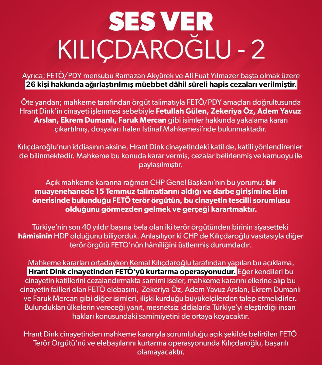 SES VER KILIÇDAROĞLU ⁉️ - 2️⃣

Açıkça soruyoruz,
Hrant Dink Cinayetinden FETÖ’yü kurtarma görevini Kılıçdaroğlu’na kim vermiştir?