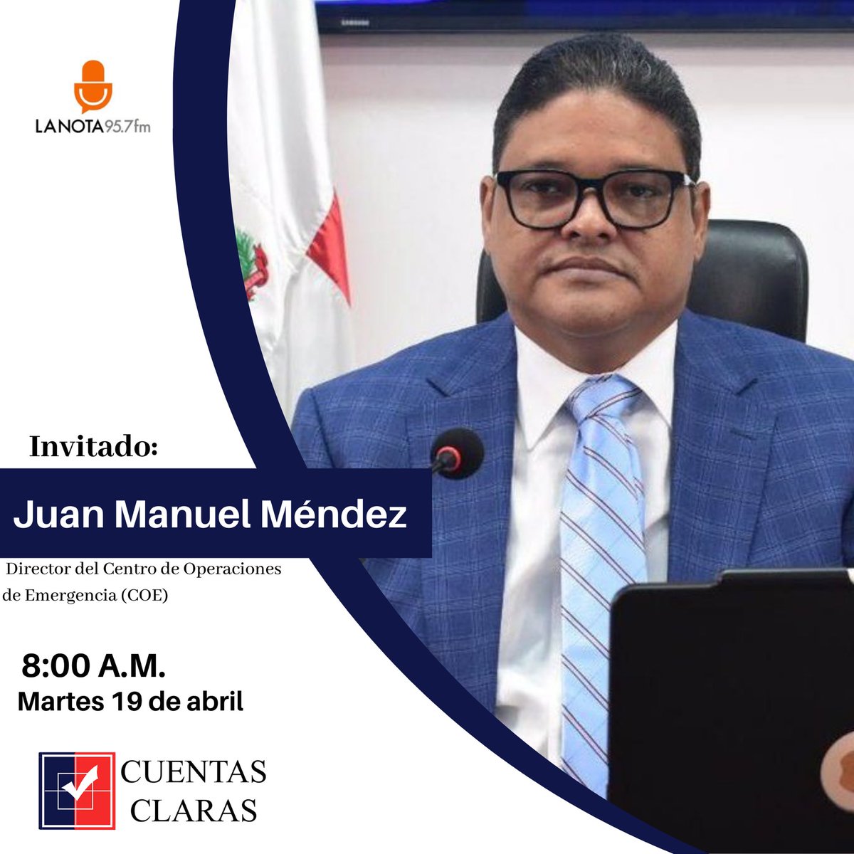 Buen día ☀️ 

Hoy nos acompaña el Mayor General Juan Manuel Méndez, director del <a href="/COE_RD/">COE</a> 

Sintoniza con nosotros por la frecuencia 95.7 F.M. 

<a href="/JoseMonegro/">José P. Monegro</a> <a href="/luisrgarcia15/">Luis García</a> <a href="/germanmarte4/">German Marte</a> <a href="/LopezMorrobel/">Hugo López Morrobel</a> <a href="/wilkindelacruz/">Wilkin de la Cruz</a> <a href="/GomezJR02/">Juan Gomez</a>