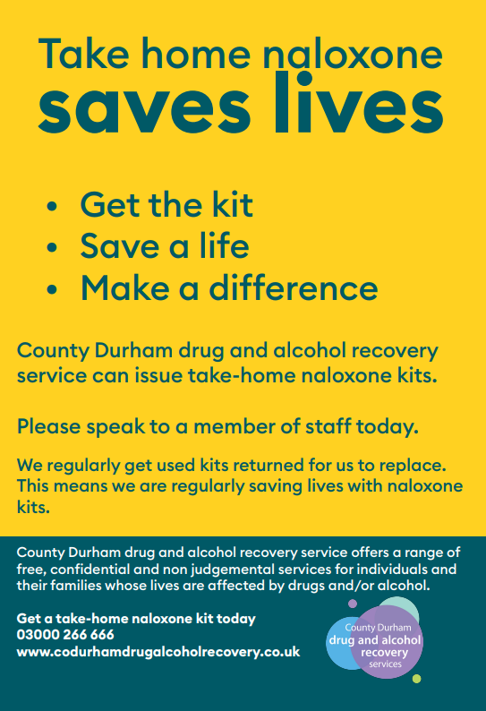 DurhamRecovery's tweet photo. #naloxone saves lives, live in County Durham? call 03000 266 666 and see how you can get a take-home kit today. https://t.co/qpsOTExv3q