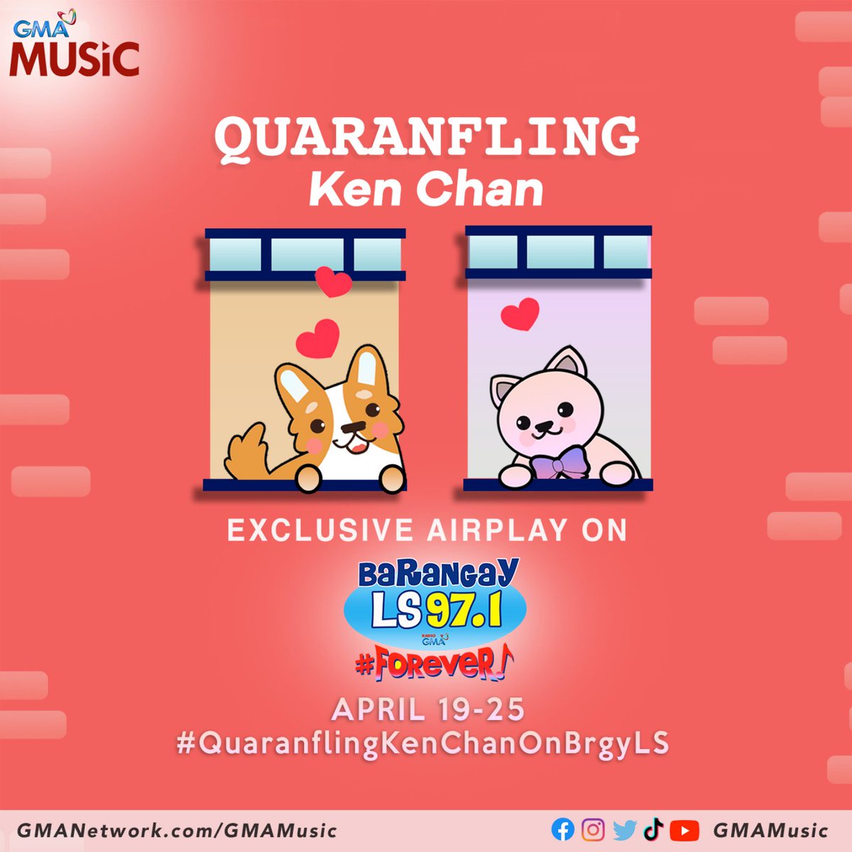 GMAMusic's tweet photo. Listen to #Quaranfling by Kapuso actor #KenChan on its exclusive airplay on Barangay LS 97.1 starting today, April 19 until April 25! https://t.co/ZJqjdf3N3i