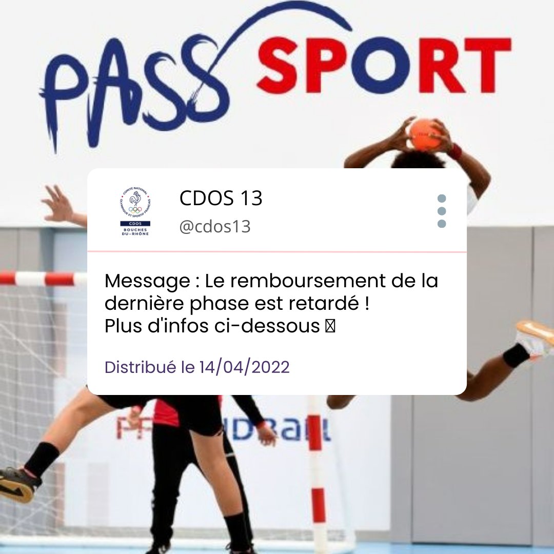 ⚠ Remboursement Pass'Sport phase 3 : Chers clubs, à ce jour (mercredi 13 avril) sans virement reçu de la part des services de l'État, nous sommes dans l'incapacité de vous rembourser.  
Nous restons à votre écoute et faisons tout notre possible pour accélérer le processus !