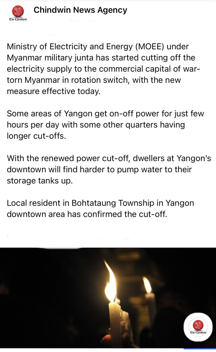 TheChindwin's tweet photo. Ministry of Electricity and Energy (MOEE) under Myanmar military junta has started cutting off the electricity supply to the commercial capital of war-torn Myanmar in rotation switch, with the new measure effective today 18 April 2022. https://t.co/f8TrBlm0Qc