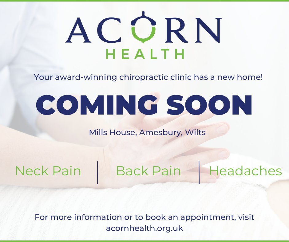 Not long now until our Chiropractic clinic relaunches in #Amesbury, Wiltshire.
To find out more about us and how to book an appointment, visit acornhealth.org.uk
#Chiropractic #Salisbury @lovesalisbury <a href="/journalupdate/">Salisbury Journal</a>