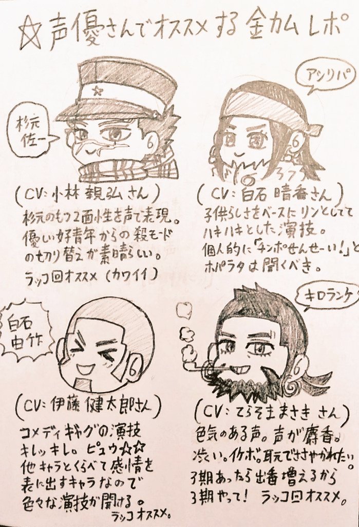 めっっっっっっちゃ前に描いた金カム声優さんでアニメオススメするレポあるから再掲オススメしとこ 