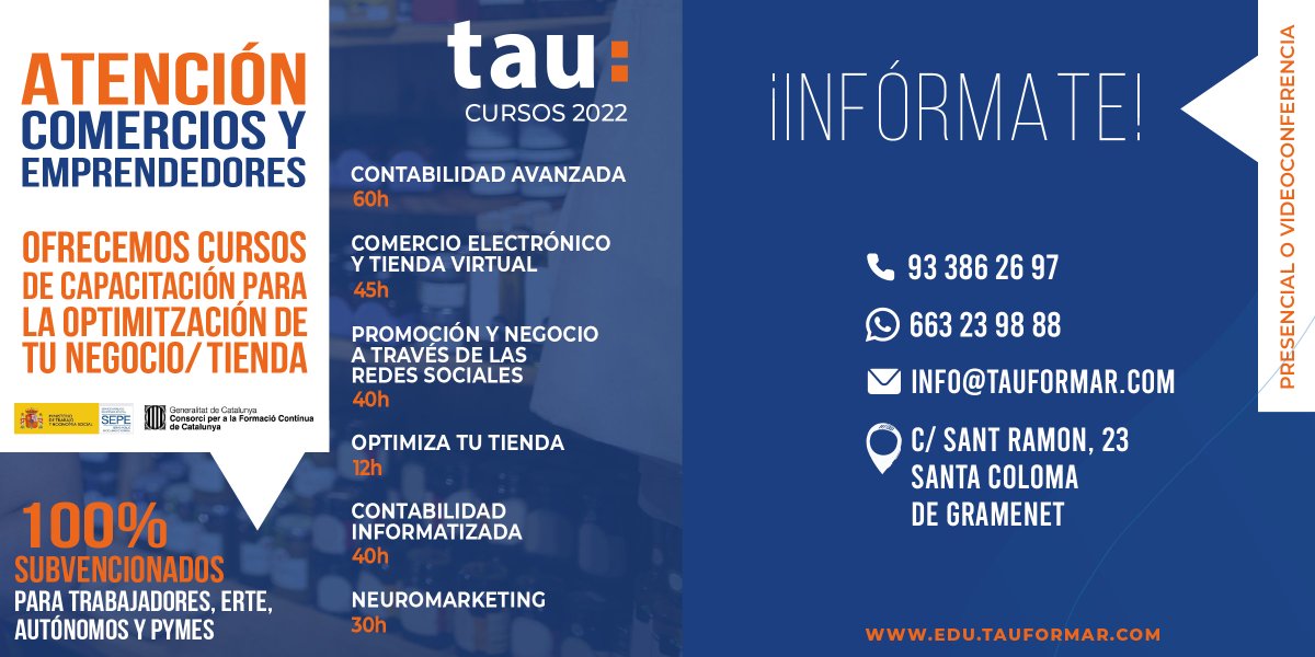 ¿Eres propietario de una #tienda de barrio? Aprovecha esta oportunidad para rentabilizar tu #negocio y dale un empujón al #ComercioLocal.

Consulta los #CursosSubvencionados de #TAU para #trabajadores, #ERTE y #autónomos: edu.tauformar.com/cursos-subvenc…