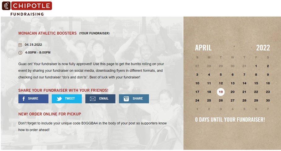 TODAY'S the day for dinner from Chipotle! Today (4/19), from 4-8PM, Chipotle at Chesterfield Town Center will donate a portion of the proceeds from each purchase to support our athletes. Order in person and show the attached flyer, or order online using code B3GGBA4. Go Chiefs!