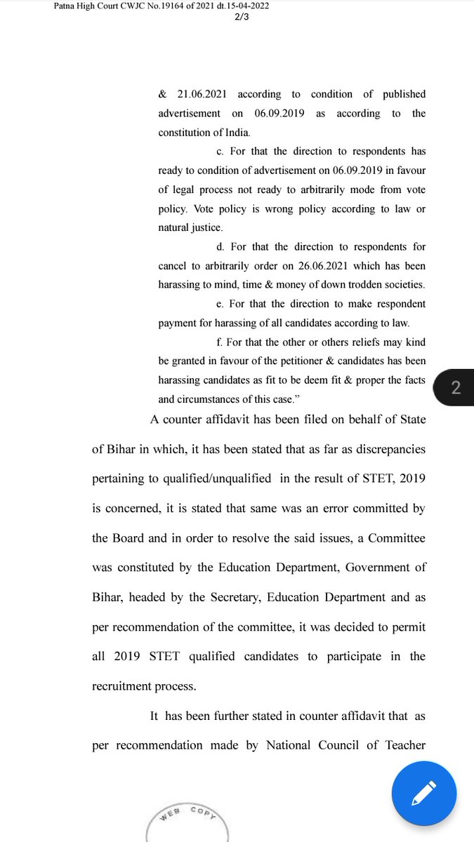STET_QUALIFIED's tweet photo. CWJC 19164/2021 
#MeritVsNonMerit #Advertisement

Oral Judgement....

@btetctet @Bihartet19 
@BiharTeacherCan @ShikshaBihar 
@Ashwini_TET @amitkvikram 
@sarv_siksha @BiharTetStet 
@Teacher_Point @The_Informerr 
@tet_ctet_bihar @teachbihar https://t.co/9fkmGN8BYR