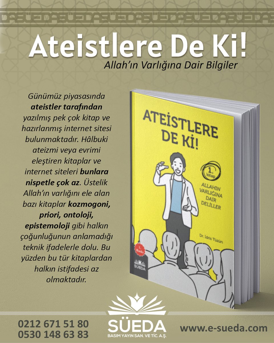suedabasim's tweet photo. 📒 Allah’ın varlığına delillerle beraber, iman ve inkarla ilgili konular, Allah’a imanın ve ateizmin insan ruhuna olan tesirleri, kötülük problemi gibi konular ele alınmıştır.

🔗 Sipariş ve detaylı bilgi için: https://t.co/ZDd1RiaxjE https://t.co/dxniWvnEn5