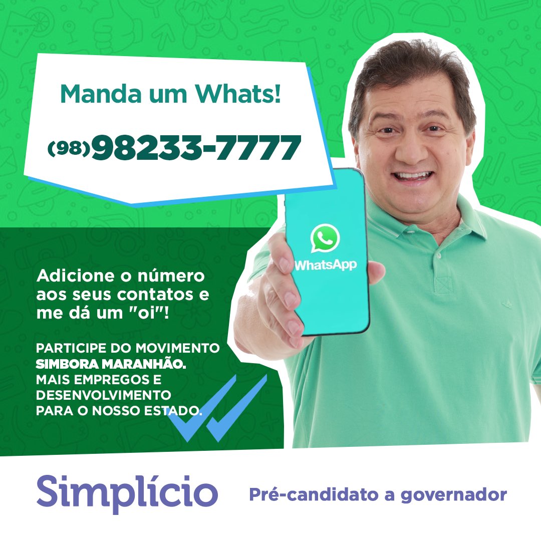 SimplicioAraujo's tweet image. Venha fazer parte do Movimento SIMbora Maranhão! 👍

Adicione o número (98) 98233-7777 aos seus contatos e me envie um "Oi".

Vamos debater as saídas para o desenvolvimento do nosso estado. Conheço os caminhos para gerar os empregos que nosso povo tanto precisa.

#SIMbora!