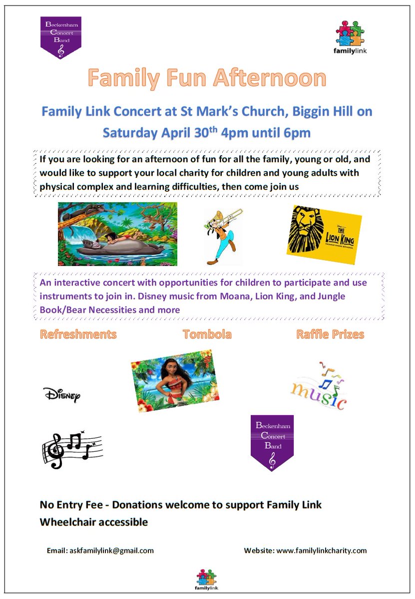 The Beckenham Concert Band is very pleased to be performing a concert for local charity Family Link on 30th April at 4pm.

St Mark's Church, Biggin Hill TN16 3LB

Free entry - donations requested for the charity.

Director: Felicity Cliffe