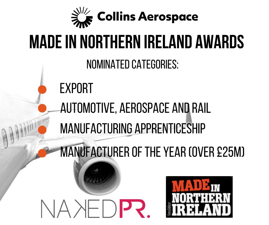 We would like to congratulate our client, #CollinsAerospace, for being shortlisted as a finalist in four award categories at this year’s Made in Northern Ireland awards. 

Find out more here: bit.ly/3OpnFHq

#RedefiningAerospace #MadeInNorthernIrelandAwards  #NAKEDPR