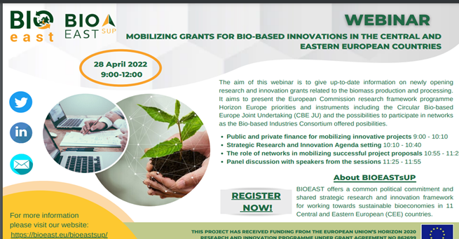 bioeastsup's tweet photo. 📣SAVE THE DATE
We are organizing a webinar Mobilising grants for bio-based innovations in the Central and Eastern European countries which will take place on 28 April between 9-12 am (CET).
Registration and more information is available here:https://t.co/52wqqx25tv https://t.co/ClXw8QjaCJ