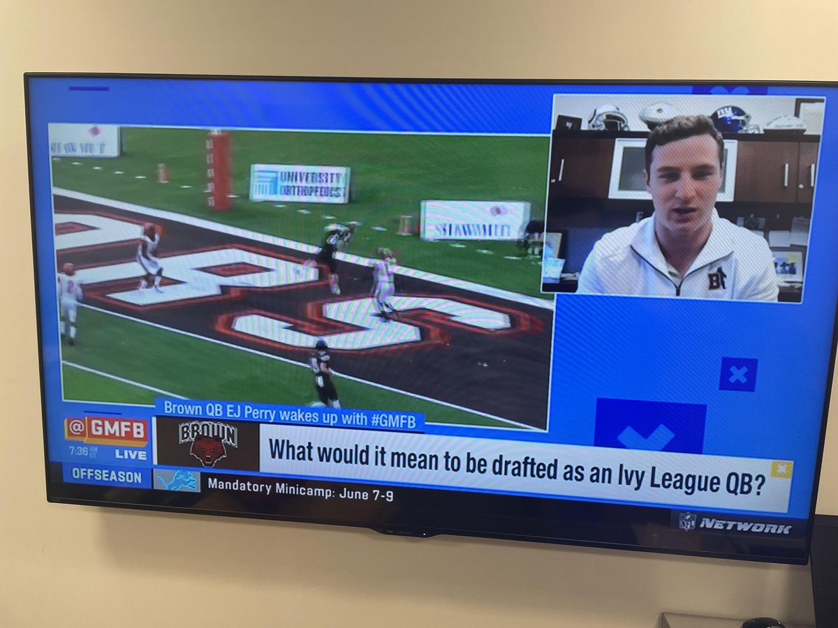 BrownHCPerry's tweet photo. Great job this morning EJ on @gmfb 
Fun to hear him talk about all of the Brown Football players who've made the NFL in recent years.  Sean Morey, Zak DeOssie, Jimmy Develin, Michael Hoecht to name a few! https://t.co/Z5kXqwILKR