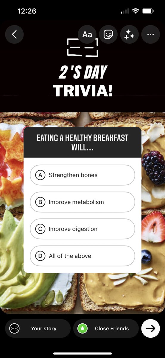 up2usfoundation's tweet photo. Time for 2’s Day Trivia! Question: Eating a healthy breakfast will…

A) Strengthen bones B) Improve metabolism C) Improve digestion D) All of the above

Repost with your answers! Check back @ 1pm for results 💭 https://t.co/nJP0O3JZoj