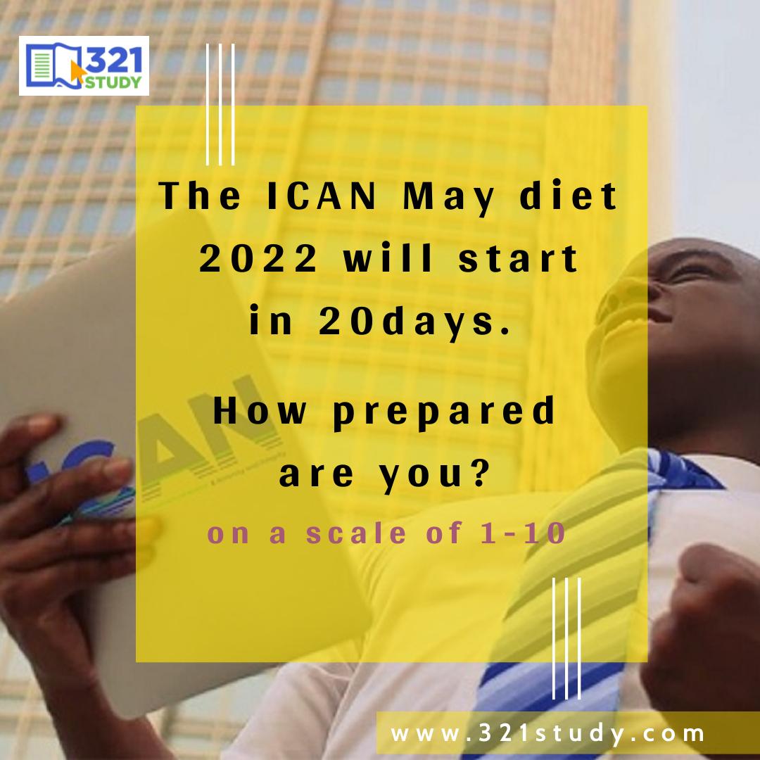 321Study's tweet photo. ICAN 2022 May diet will commence in 20 days.
On the scale of 1---10
How prepared are you?
📝 Click here to join our #ICANOnlineLectures
https://t.co/cTvvhfOtRc
For more information kindly call 08073333702 / send a DM.
#HowToPassICAN #icantutors #AbujaLectureCentres #Trending https://t.co/dWxA2YWGBg