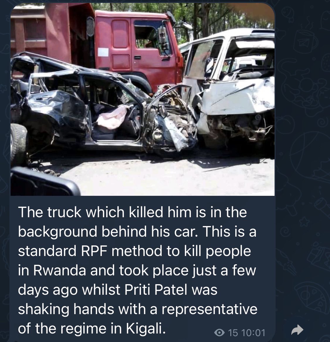 TheKigalian_'s tweet photo. Hello, @telegram I hope you won't allow fake news to flourish on your platform. 

For example is this group with 5 subscribers, they are sharing This Accident that took place recently and calling it a planned accident. 

Worse enough they say it was by @rpfinkotanyi 😂

1/2 https://t.co/mqp6WXC6k3