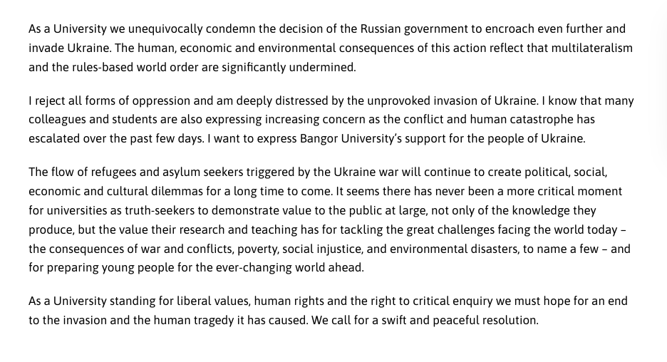 AgainstIii's tweet photo. The @BangorUni Vice-Chancellor statement: "As a University we unequivocally condemn the decision of the Russian government to encroach even further and invade Ukraine".

https://t.co/XsLsLJqjnk

#StandWithUkraine https://t.co/8dOVOFPw6j