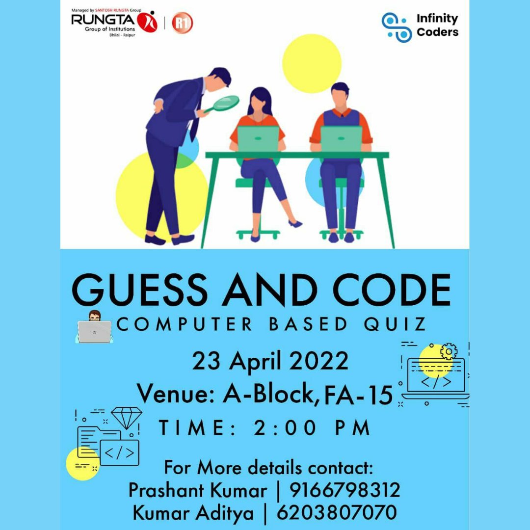 Rungtauniv's tweet photo. Guess and Code!!!

Here's a great opportunity for all our talented coders, RSDC presents "Infinity coders event" for you all!

.

.

.

#rungtacollege #events #coders #codingmasters #quiz trending https://t.co/80xa62EdT1