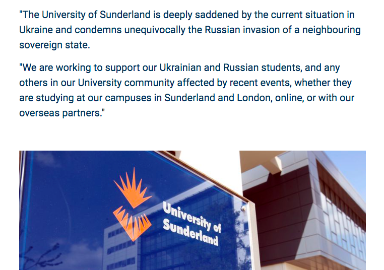 AgainstIii's tweet photo. "The University of Sunderland is deeply saddened by the current situation in Ukraine and condemns unequivocally the Russian invasion of a neighbouring sovereign state", — @sunderlanduni statement.

https://t.co/n5iJkVIvXg

#StandWithUkraine https://t.co/TrxIpyKwOO