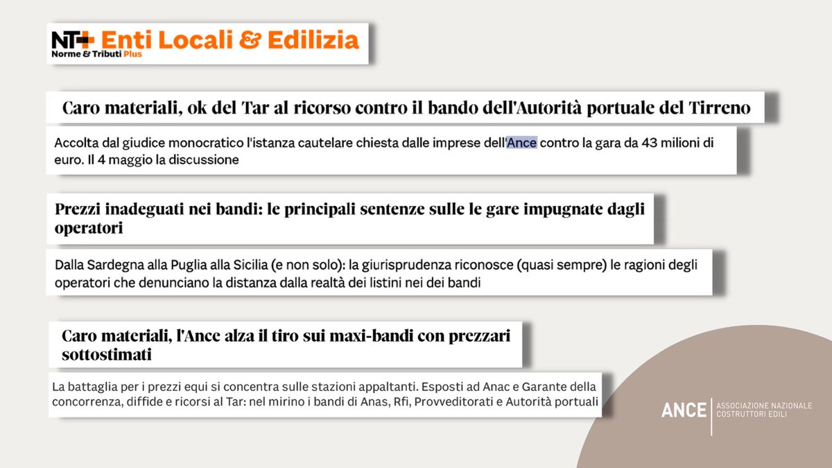 #Caromateriali, il Tar del Lazio dà ragione ad #Ance: inadeguato il prezzo del bando dell’autorità portuale del Tirreno. La battaglia di Ance continua sui maxi-bandi con prezzari sottostimati