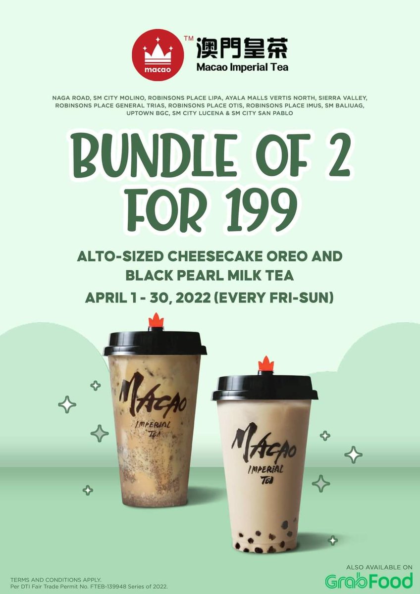 macao_imperial's tweet photo. Enjoy our newest promo BUNDLE OF 2 for P199, comes with Alto-sized Cheesecake Oreo and Black Pearl Milk Tea 🧋

Visit us until promo lasts! 💓

Also available on @grabph 💚

#MITForYouandMe
#MacaoImperialTeaPH
#Petertaisan https://t.co/sRbzE6bWw9