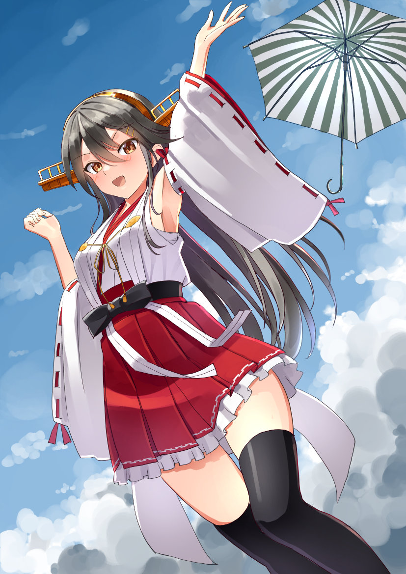 haruna (kancolle) ,haruna kai ni (kancolle) 1girl long hair solo thighhighs skirt headgear detached sleeves  illustration images