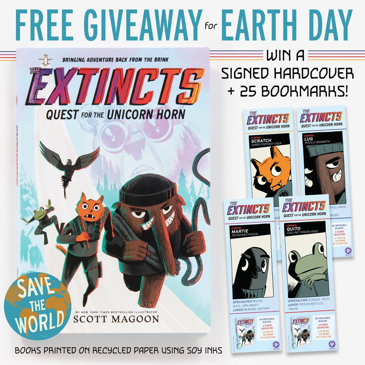 smagoon's tweet image. GIVEAWAY🚨 ALERT! Like, RT or follow for chance to WIN 1 of 3 signed hardcovers + 25 bookmarks. Global climate adventure+non-fiction backmatter+printed w/ soy inks on ♻️ paper = THE 🌎 Day graphic novel! Winners announced 4/22 🕙EST.🇺🇸 Only. 🍀! #giveaway #earthday #climatechange