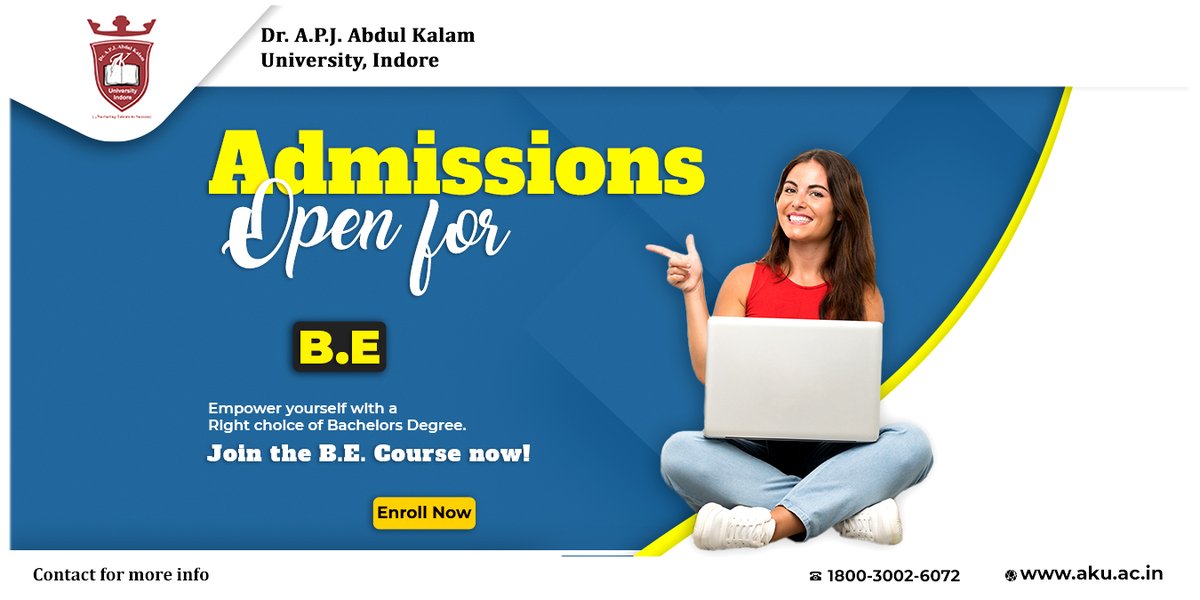 APJ_University's tweet image. Admissions open for
B.tech.
Please visit-aku.ac.in
#apjuniversity #admissionsopen #bacheloroftechnology #bachelor #technology #university #college #students #career  #indore  #madhyapradesh