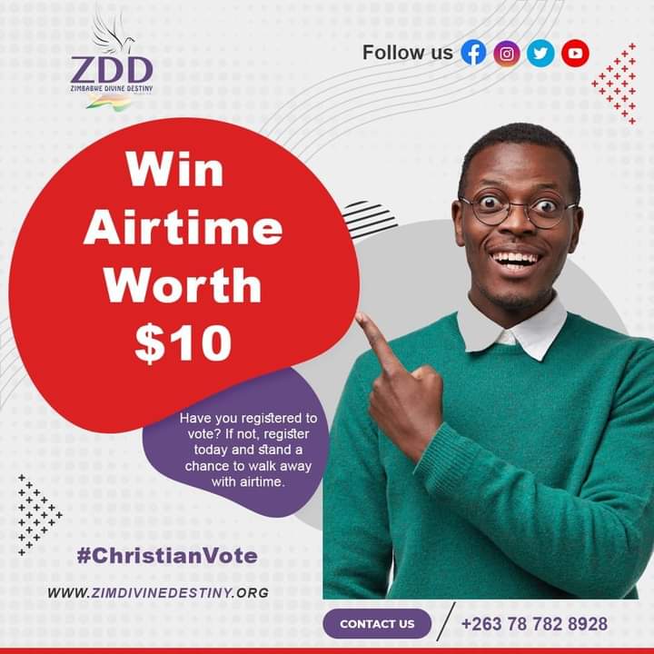DivineZimbabwe's tweet photo. WIN-WIN WIN!!!!!!!!!!!!!
AIRTIME WORTH UPTO US$100 IS UP FOR GRABS.

Rules
1. Follow ZDD and #ChistianVote. Register to vote and encourage 5 friends to do the same. Post your proof of registration with the #ChristianVote and tag 5 friends.

The competition runs until 30 April. https://t.co/Gn56QaNUtO
