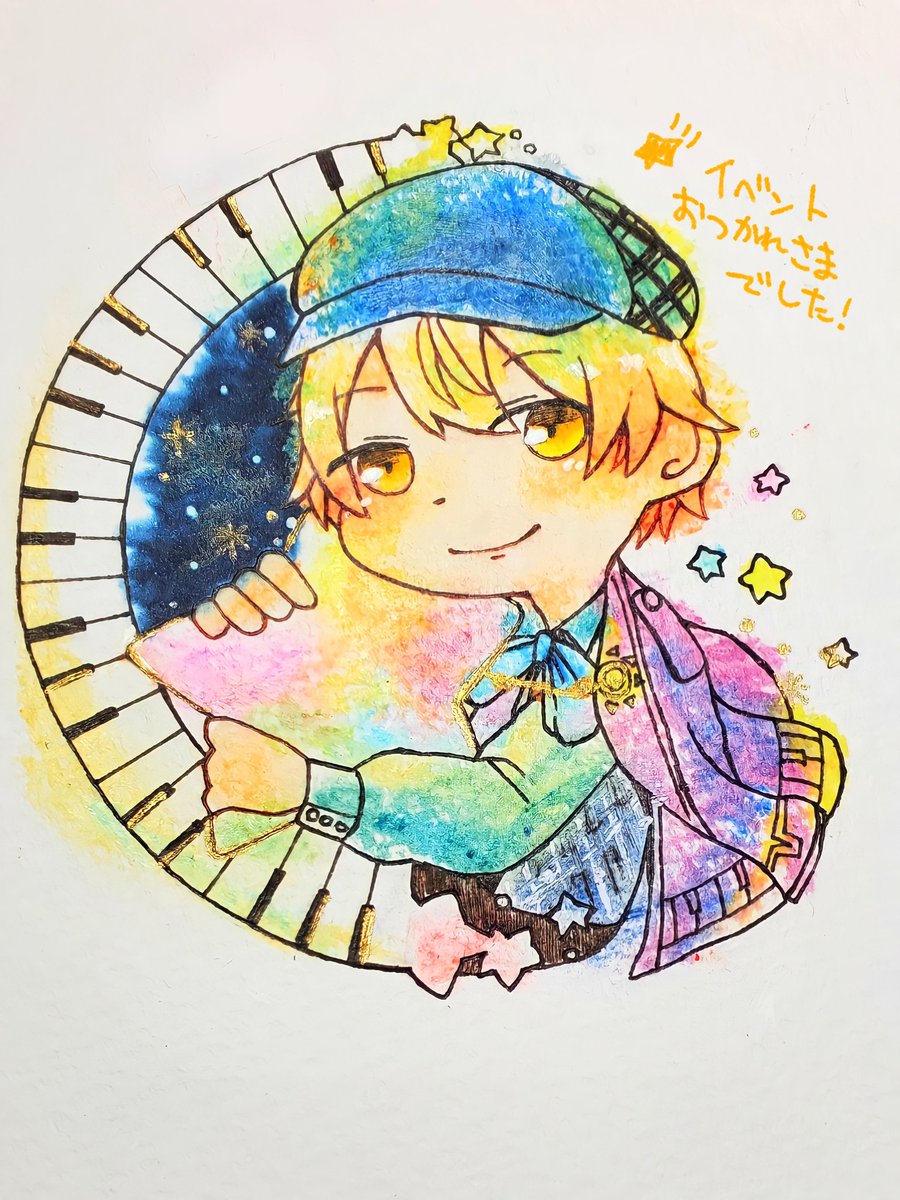 solo hat blue headwear male focus blonde hair smile 1boy  illustration images