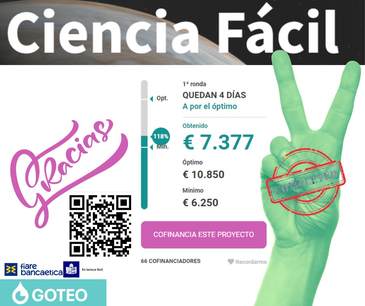 PDICIENCIA's tweet photo. Aún quedan 4 días de la campaña de #crowdfunding que lanzamos en @goteofunding y ¡hemos superado el 1º objetivo! Gracias infinitas a las personas y entidades que apuestan por la #cienciainclusiva y por #CienciaFácil Si quieres ayudarnos, aún estás a tiempo https://t.co/6JQkyACjqJ https://t.co/xtBPSEDVaM