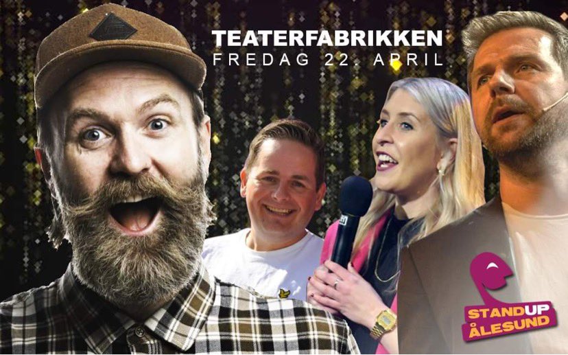 Standup med <a href="/AndUlv/">André Ulveseter</a> , Adam Schjølberg, <a href="/PernilleHaaland/">Pernille Haaland</a> , <a href="/ToreMedhaug/">Tore Medhaug</a> på Teaterfabrikken fredag 22.april. Billetter på TIKKIO.com 😍🎤