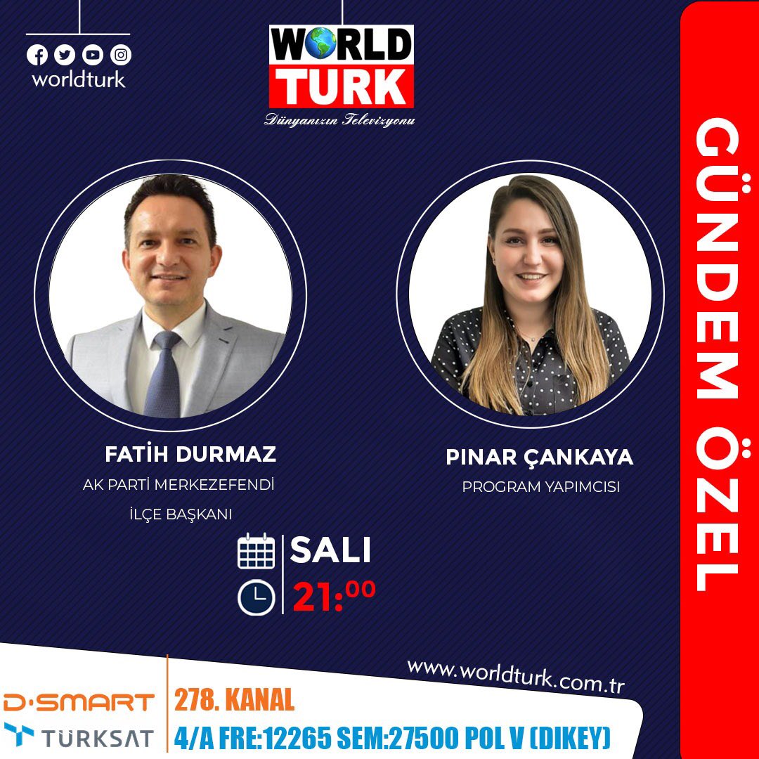 Bugün saat 21:00’de WORLD TURK kanalında Pınar Çankaya’nın sunduğu “Gündem Özel” programının yayın konuğuyum. 
İzlemeniz dileğiyle.