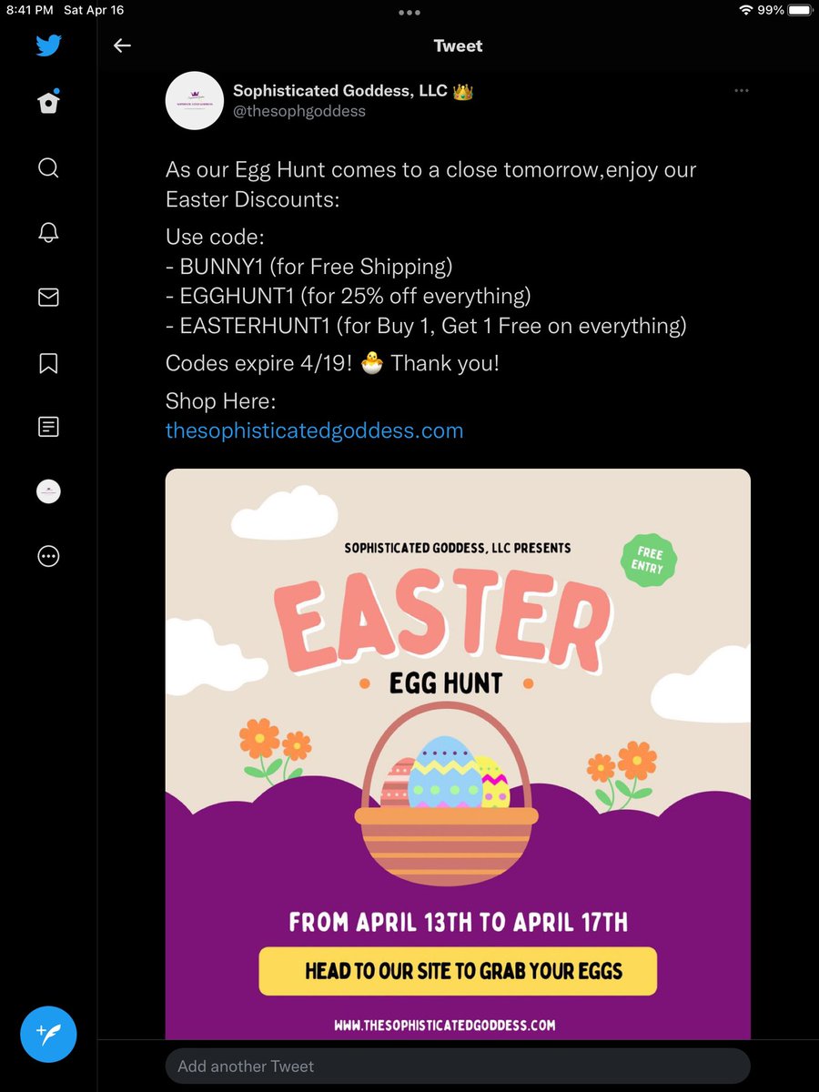Today is the last day to take advantage of our Easter Discounts! 🐣🪺

In the second photo, we have the codes and what they do! They expire TONIGHT at 11:59pm EST! 🥰

thesophisticatedgoddess.com