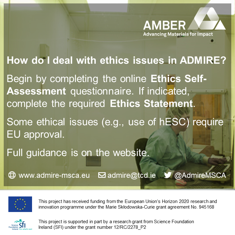 Ethics considerations are extremely important to #ADMIRE: applications include an Ethics Self-Assessment and Ethics Statement (if needed) Guidance is available: admire-msca.eu #Research #PostDoc #Fellowship #Materials #Safety #Ethics <a href="/ambercentre/">AMBER</a> @scienceirel <a href="/MSCActions/">Marie Skłodowska-Curie Actions</a>